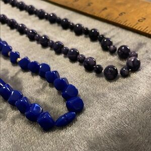 2 Vintage Beaded Necklaces: Blue w/ Gold and Purple